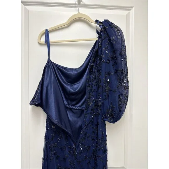 Mac Duggal Size 14 Navy 5912 Beaded One Shoulder Puff Sleeve Formal Gown  Dress